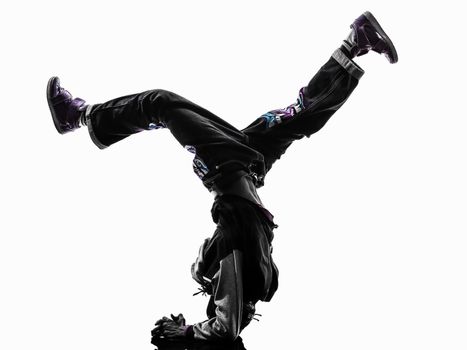 one hip hop acrobatic break dancer breakdancing young man handstand silhouette white background