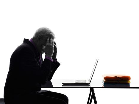 One Caucasian Senior Business Man computing laptop tired headache Silhouette White Background