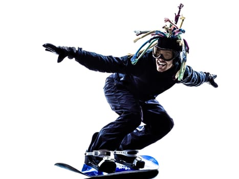 one caucasian young snowboarder  man in silhouette white background