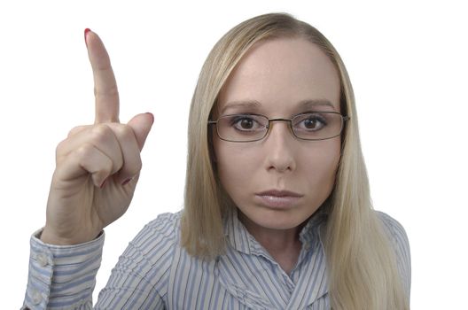 portrait of a strict woman holding her finger up with glasses on a white background