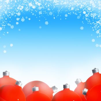 New Year's or Christmas card - Red Decoration Balls on blue background with snow flakes