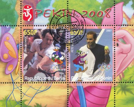 BENIN - CIRCA 2007: stamp printed by Benin, shows Pete Sampras, Disney Caharacter and Olympic Rings, circa 2007