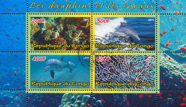 CONGO - CIRCA 2011: stamp printed by Congo, shows Dolphins and Corals, circa 2011