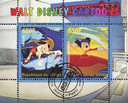CONGO - CIRCA 2007: stamp printed by Congo, shows The Sorcerer's Appentice and Pinocchio, circa 2007