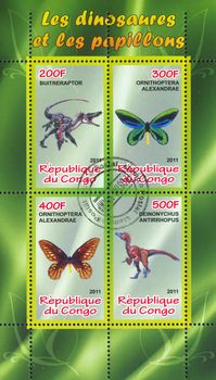 CONGO - CIRCA 2011: stamp printed by Congo, shows butterfly and dinosaur, circa 2011