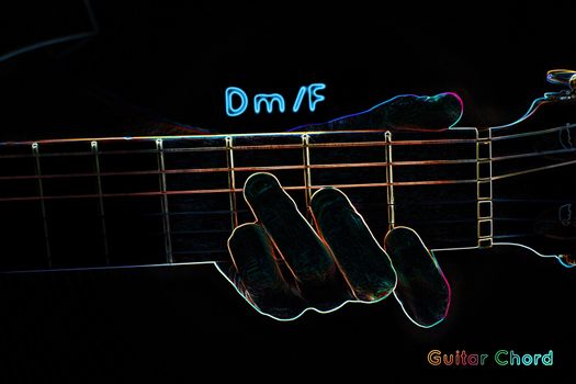 Guitar chord on a dark background, stylized illustration of an X-ray. Dm/F chord