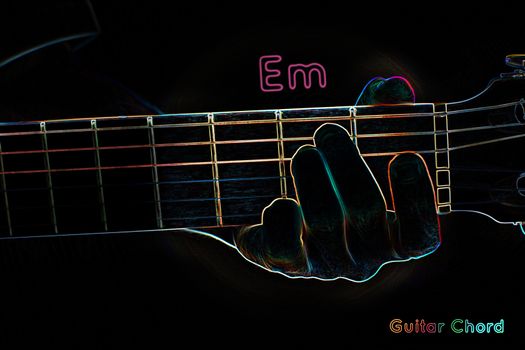 Guitar chord on a dark background, stylized illustration of an X-ray. Em chord