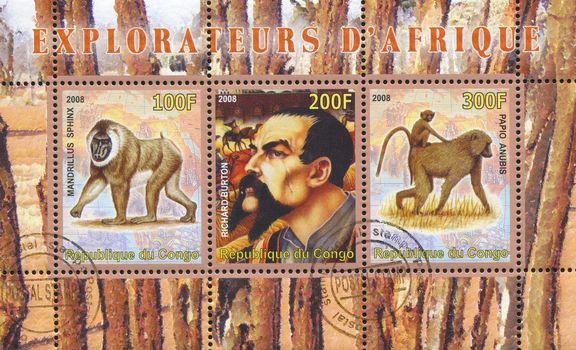 CONGO - CIRCA 2008: stamp printed by Congo, shows Richard Francis Burton and monkey, circa 2008