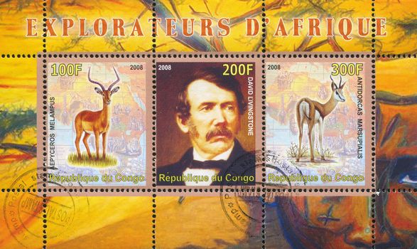 CONGO - CIRCA 2008: stamp printed by Congo, shows David Livingstone and impala, circa 2008