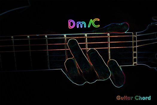 Guitar chord on a dark background, stylized illustration of an X-ray. Dm/C chord