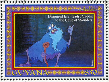 GUYANA - CIRCA 1993: stamp printed by Guyana, shows Aladdin, Disney animated film, Gin, circa 1993