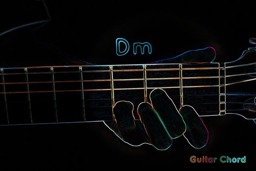Guitar chord on a dark background, stylized illustration of an X-ray. Dm chord