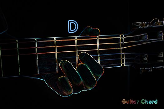 Guitar chord on a dark background, stylized illustration of an X-ray. D major chord