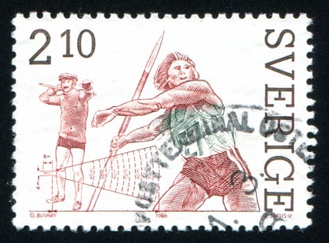 SWEDEN - CIRCA 1986: stamp printed by Sweden, shows Dag Wennlund, Eric Lemming, javelin, circa 1986
