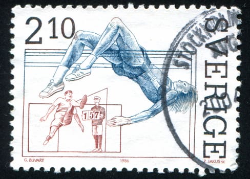 SWEDEN - CIRCA 1986: stamp printed by Sweden, shows Standing high jumper and Patrik Sjoberg, high jump, circa 1986