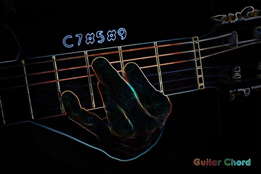 Guitar chord on a dark background, stylized illustration of an X-ray. C7#5#9 chord