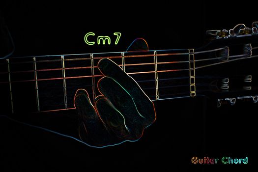 Guitar chord on a dark background, stylized illustration of an X-ray. Cm7 chord