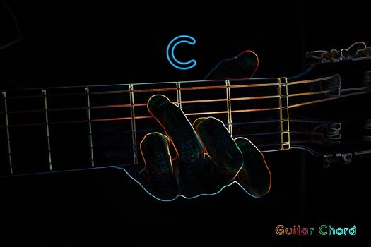 Guitar chord on a dark background, stylized illustration of an X-ray. C chord