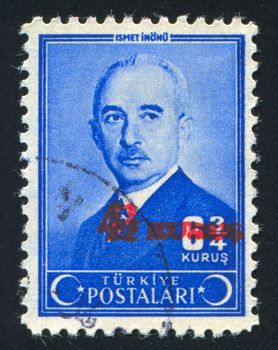 TURKEY - CIRCA 1945: stamp printed by Turkey, shows Mustafa Ismet Inonu, President, circa 1945.