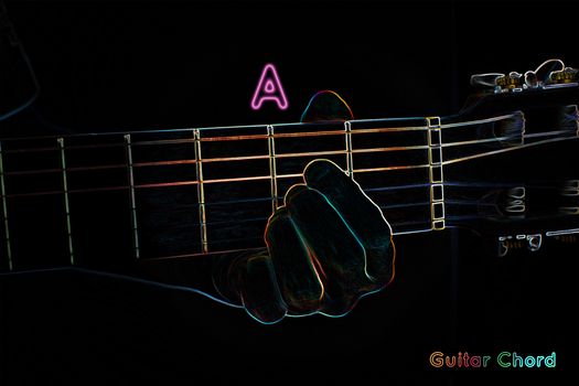 Guitar chord on a dark background, stylized illustration of an X-ray. A chord