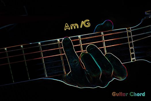 Guitar chord on a dark background, stylized illustration of an X-ray. Am/G chord
