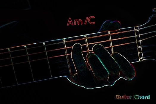 Guitar chord on a dark background, stylized illustration of an X-ray. Am/C chord