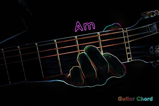 Guitar chord on a dark background, stylized illustration of an X-ray. Am chord