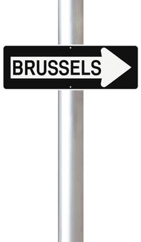 A modified one way sign indicating Brussels (Belgium)