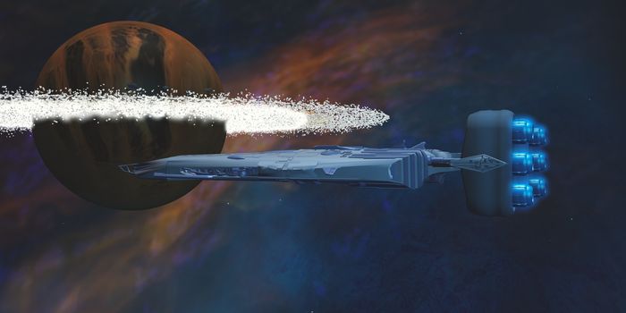 A star-ship passes by a planet with a ring of asteroids on its journey to a nearby nebula.