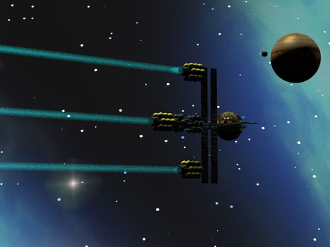 A star-ship from Earth with ion drive propulsion explores the cosmos.