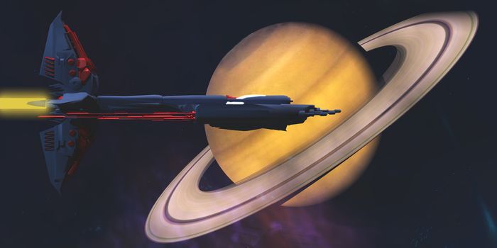A spaceship from Earth comes to visit the planet of Saturn.