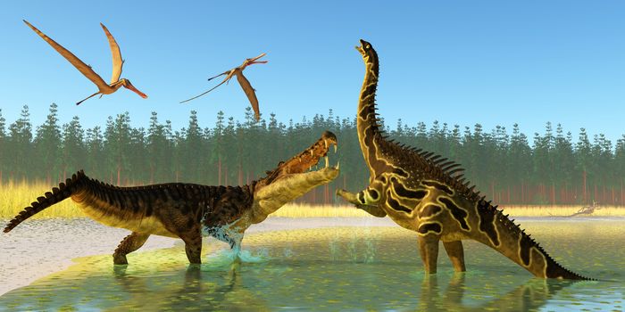 Two Anhanguera reptiles fly over as a Kaprosuchus marine reptile confronts an Agustinia dinosaur.