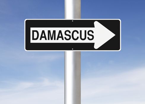 A modified one way sign indicating Damascus (Syria)