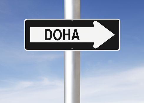 A modified one way sign indicating Doha (Qatar)