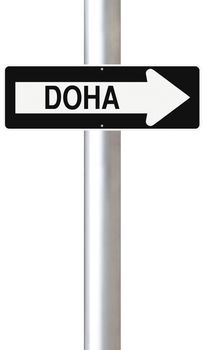 A modified one way sign indicating Doha (Qatar)