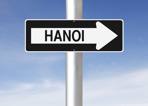 A modified one way sign indicating Hanoi (Vietnam)