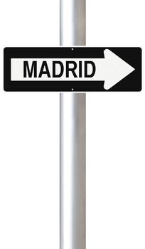 A modified one way sign indicating Madrid (Spain)