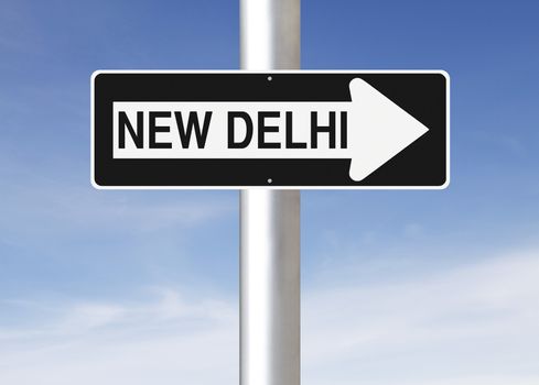 A modified one way sign indicating New Delhi (India)