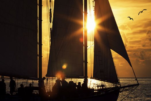 Sailboat in the sea at sunset 