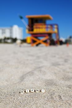 Miami Beach, Florida, with letters on the sand