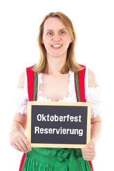 Blond woman shows blackboard : Oktoberfest reservation