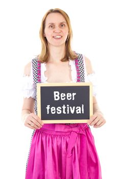 Waitress in dirndl shows blackboard : Beer festival