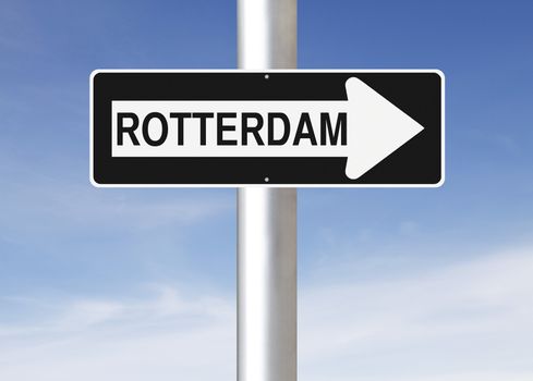 A modified one way sign indicating Rotterdam (Netherlands)