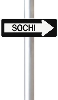 A modified one way sign indicating Sochi (Russia)