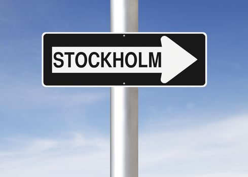 A modified one way sign indicating Stockholm (Sweden)