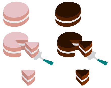 Illustration of cakes whole, taking a slice and isolated single slices