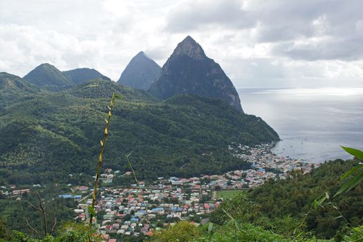 View over Soufriere with the famous volcano peaks of the Pitons in the background. Saint Lucia, Caribbean.