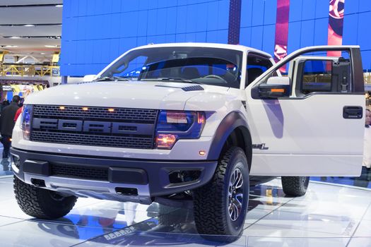 DETROIT - JANUARY 26 :The new 2015 Fprd raptor f150 pickup truck at The North American International Auto Show January 26, 2014 in Detroit, Michigan.