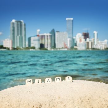 CIty of Miami Florida, business and residential buildings on Biscayne Bay, USA