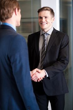 Handsome young businessmen shaking hands